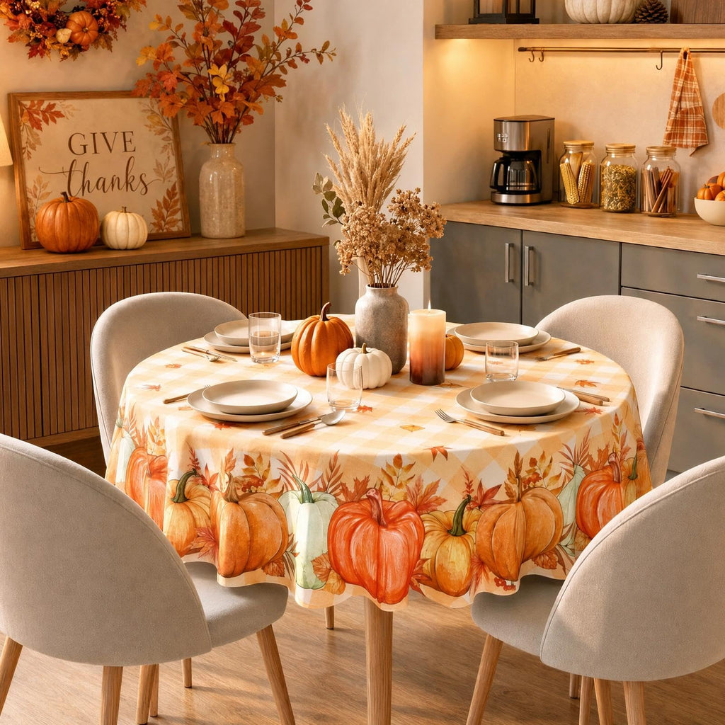 Fall Tablecloth Round, Orange Buffalo Plaid with Pumpkins