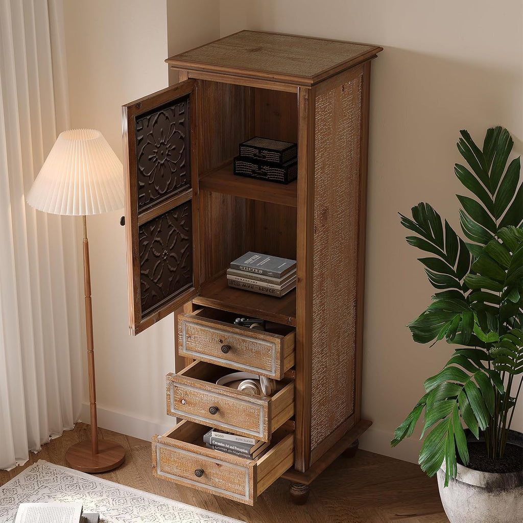 54" Distressed Solid Wood Freestanding Storage Chest, Accent Cabinets with Cutout Magnetic Door, Utility Organizer