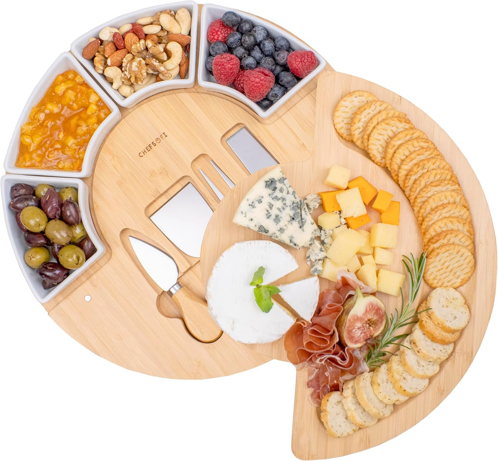 Charcuterie Board Set and Cheese Serving Platter - Made from Bamboo Wood - US Patented 13 inch Cheese Board and Knife