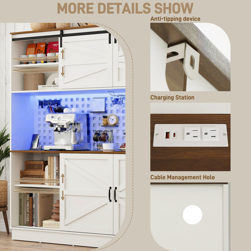 75"Tall 63"W Extra Large Farmhouse Kitchen Storage Pantry Hutch Cabinet w/Power Outlet, Pegboard, Coffee Bar