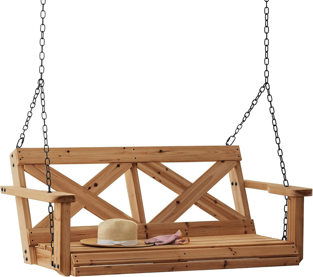 55" Cedar Wood Farmhouse Outdoor Porch Swing Bench with Two-Person Seating, Durable Hanging Chains, Water-Resistant