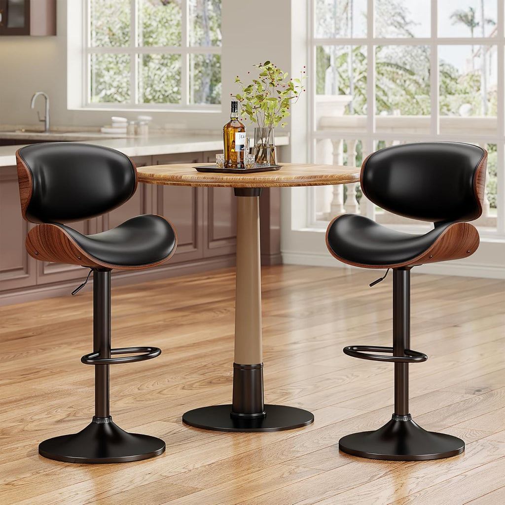 Swivel Bar Stools Set of 2 Counter, Adjustable Bentwood Barstools, Modern PU Leather Upholstered Bar Chair with Back