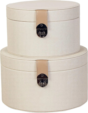 Round White Faux Leather Decorative Boxes with Lid Decor - Set of 2
