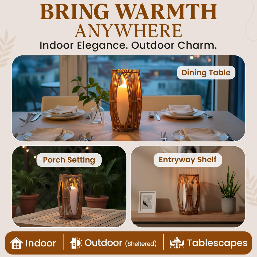Handmade Boho Rattan Lantern - Rattan Lantern with Metal Frame for Indoor and Outdoor Home Decor, Decorative