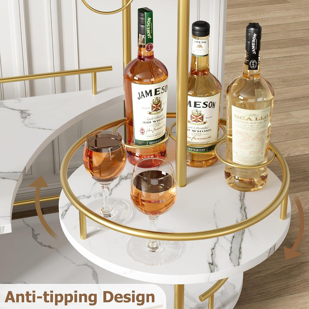 Bar Serving Cart with Wine Rack and Glass Holder, 3-Tier Rolling Serving Cart with 4 Wheels, Small Serving Table