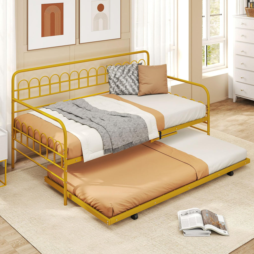 Twin Daybed with Trundle Gold, Metal Day Bed with Convenient Pull-Out Trundle Bed, Metal Slats, Lockable Universal