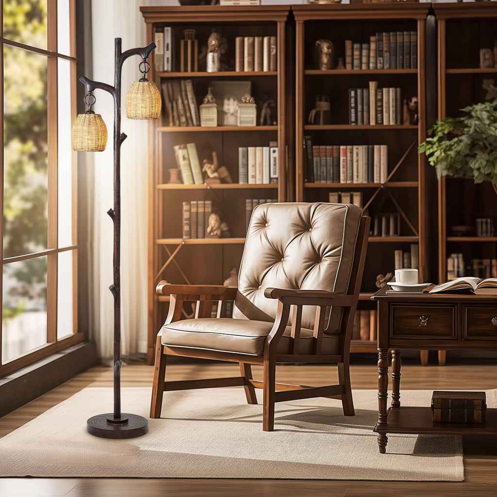68" Tall Floor Lamp with Wicker Drum Shade, Foot Switch Dimming