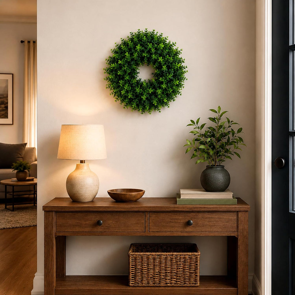 WHANLEY 20 Inch Boxwood Wreath for Front Door with Wooden Welcome Sign, Artificial Greenery Decor, UV Resistant