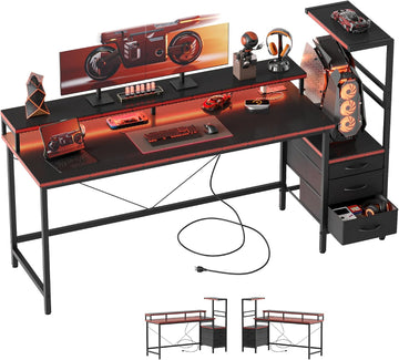 60 inch Gaming Desk with Drawers, Reversible Computer Desk, Black | Gamer Desk with LED Lights, Power Outlets &