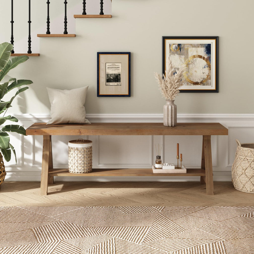 54" Solid Wood Bench, Long Entryway Bench with Shoe Storage