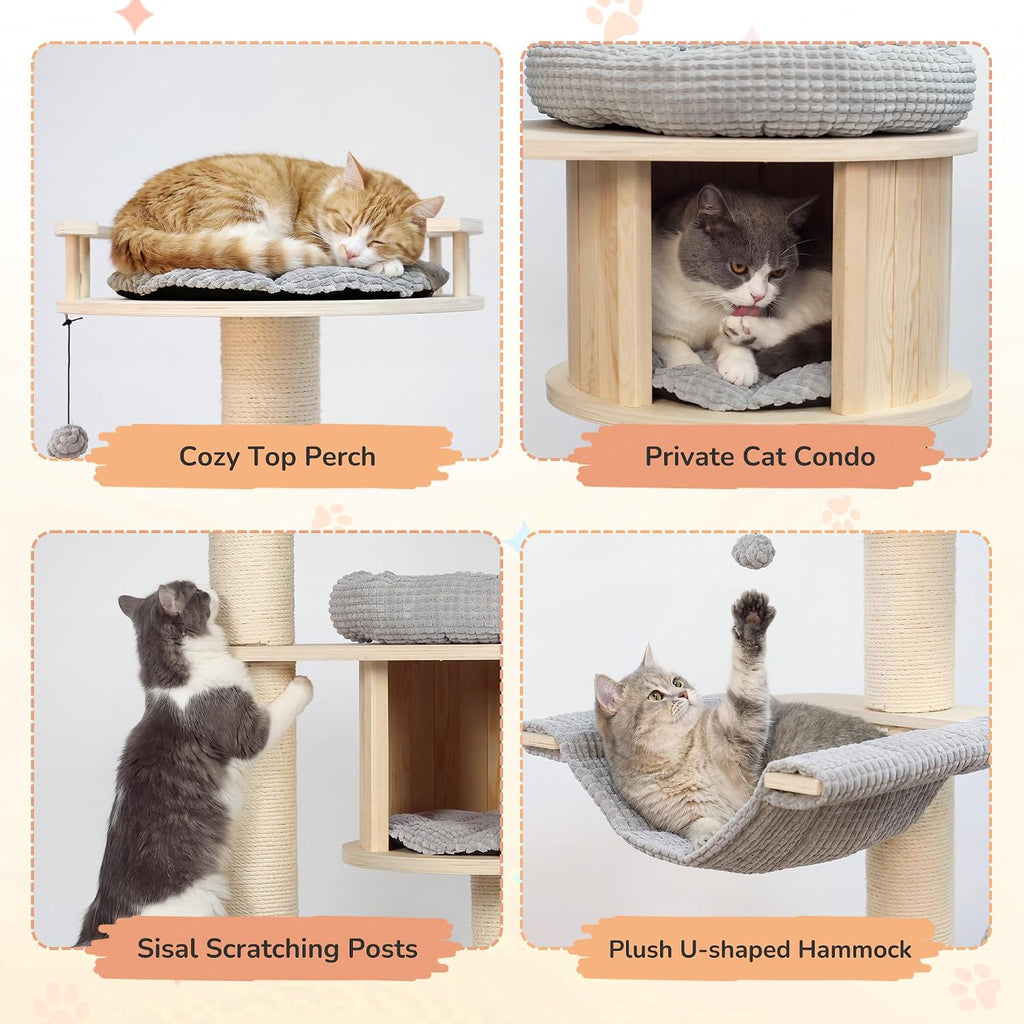 69'' Modern Cat Tree for Large Cats, Wood Cat Tree Tower with Scratching Posts, Multi-Level Cat Tree with Cozy