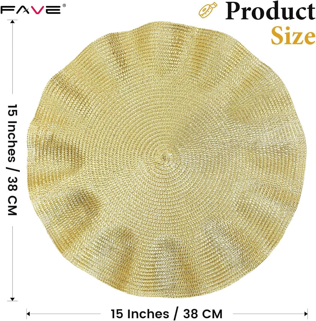 Gold Woven Placemats, Round Table Mats with Scalloped Edge - Set of 6