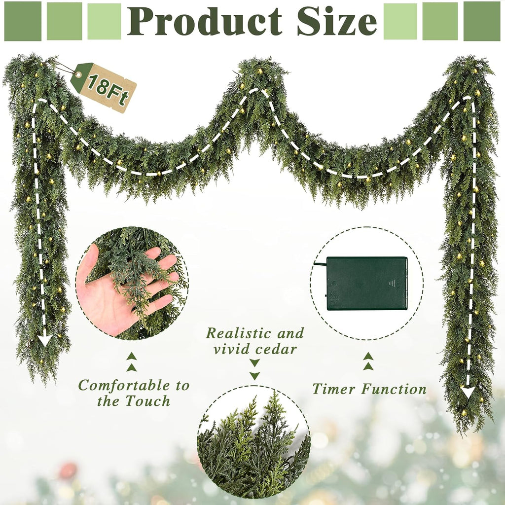 18FT Pre-Lit Christmas Garland, Realistic Artificial Cedar Garland, 1 Pc