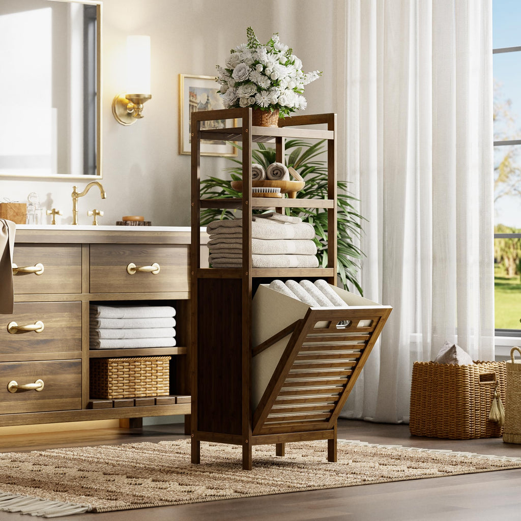 Bamboo Tilt Out Laundry Hamper, Bathroom Storage Cabinet with Hidden Removable Basket and 3 Open Shelves, Space