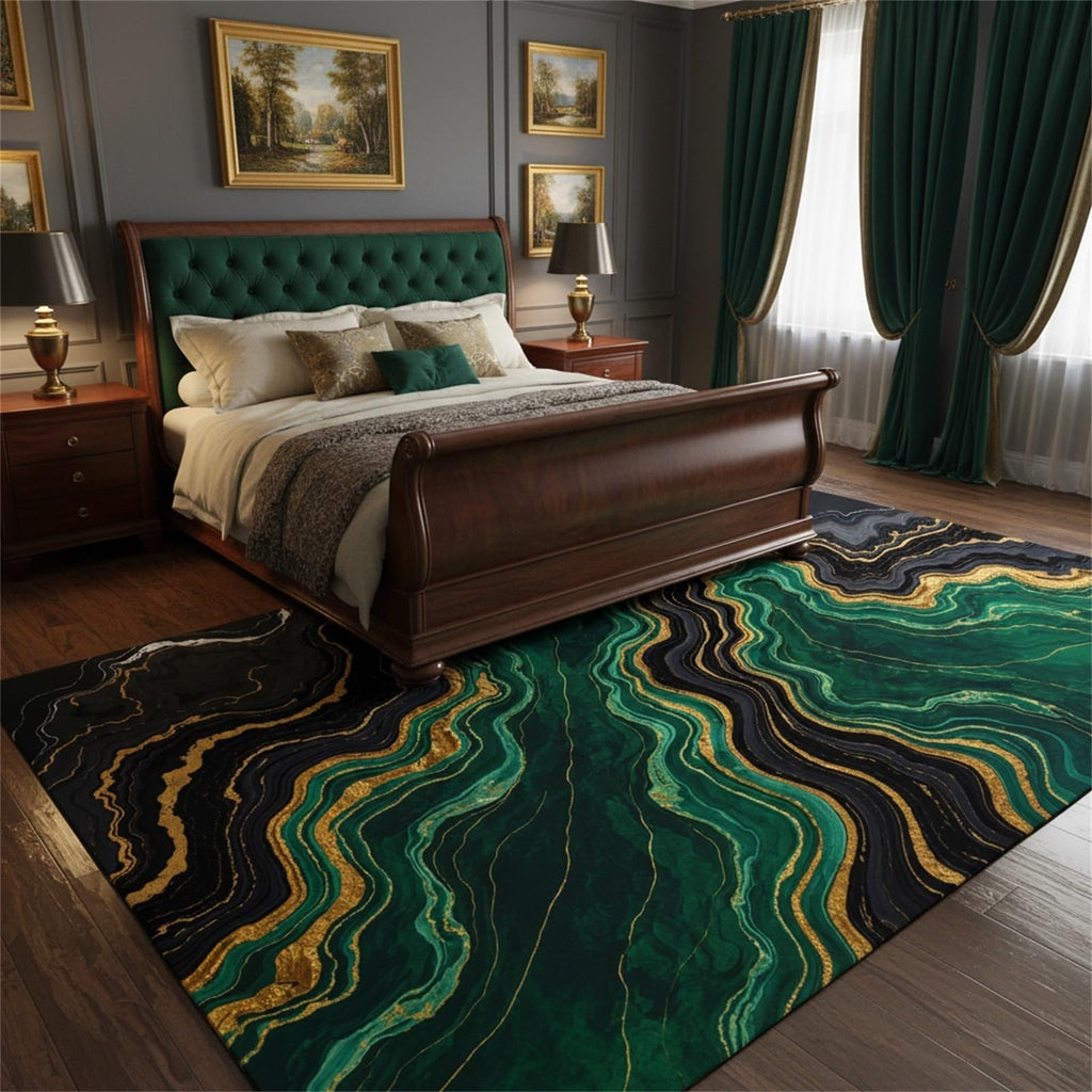 Emerald Green Black Gold Modern Abstract Marble Pattern Large Rugs Bedroom Dining Room Art Deco Aesthetic Unique