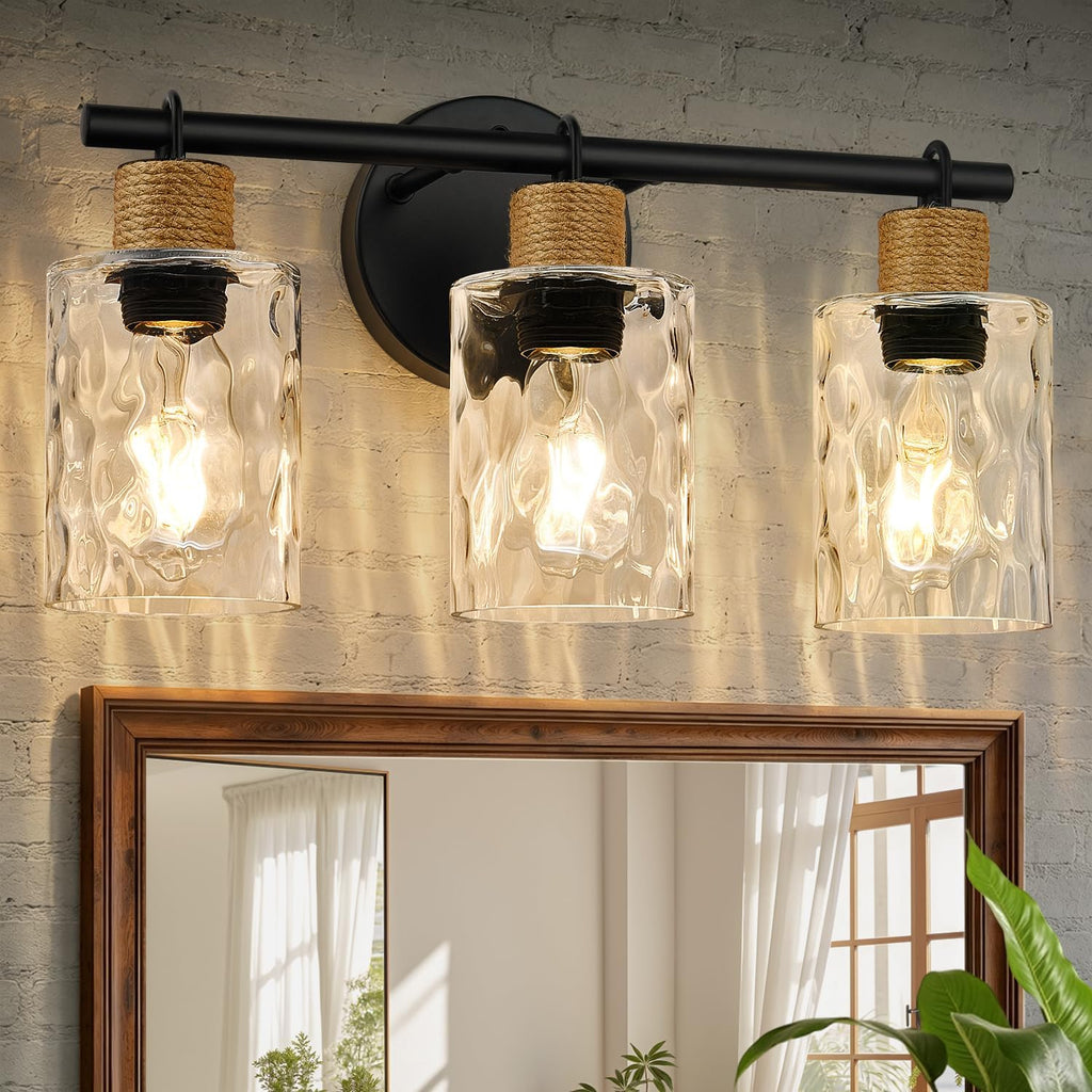 Bathroom Light Fixtures, 3-Light Coastal Vanity Lights with Crystal Glass Shade, Black Bathroom Wall Lamp for Mirror