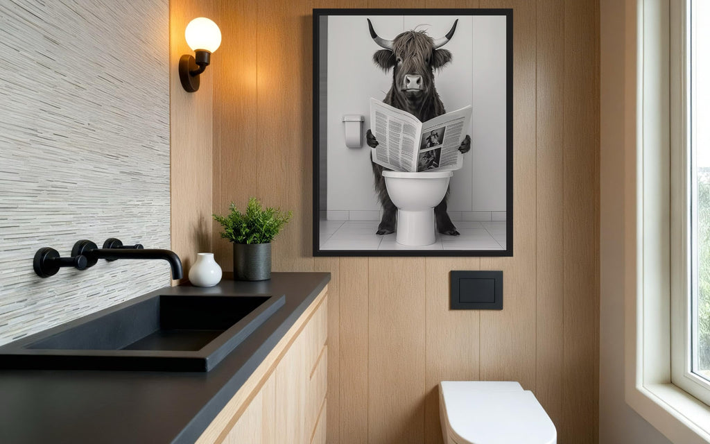 Highland Cow on Toilet Bathroom Black Framed Art Print Poster, Humor Aesthetic Wall Art Painting Photo Pictures
