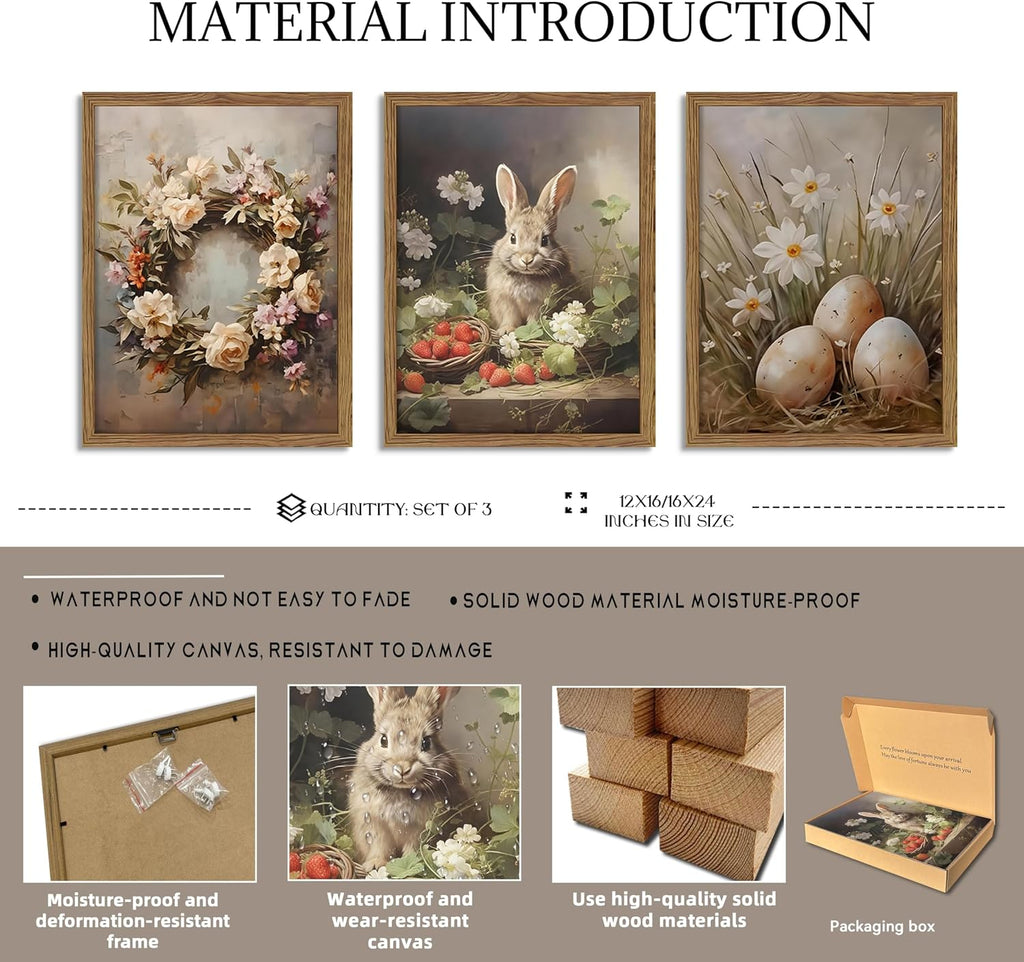 Vintage Easter Bunny Wall Art, Spring Easter Eggs Wreath Canvas Wall Decor Painting, Retro Rustic Farmhouse - Set of 3