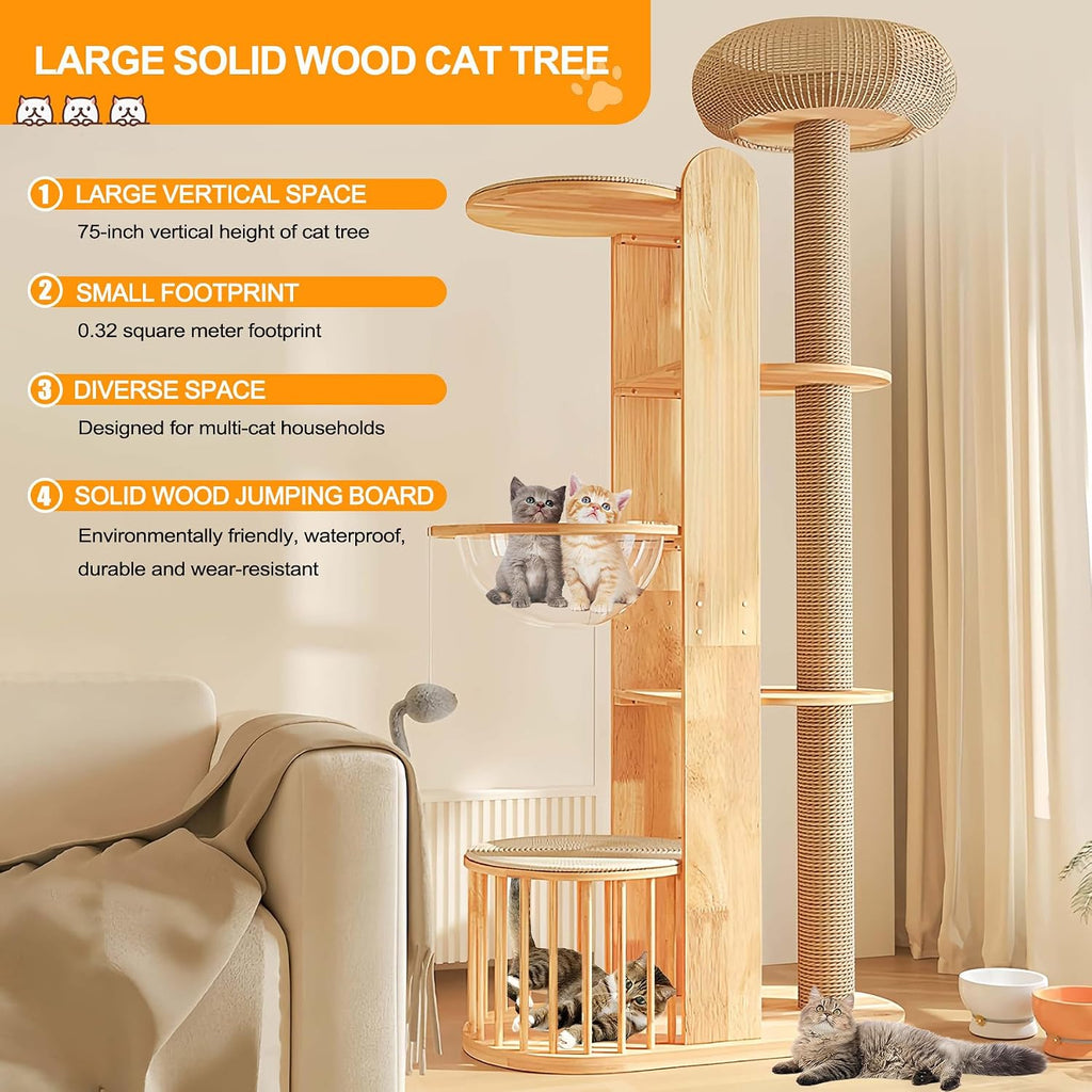 Solid Wooden Cat Tree Tower for Indoor Cat Large Adult with Scratching Post