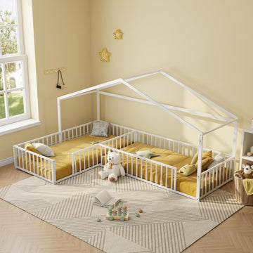 Double L-Shaped Montessori Bed, Metal Corner Hose Bed Frame with Fence, House-Style Floor Bed for 2