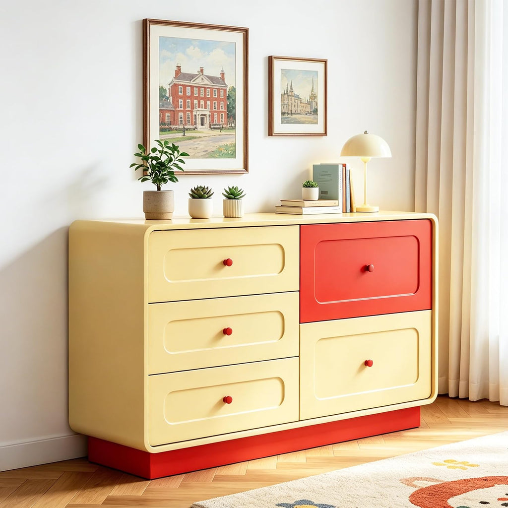 Yellow and Red 5 Drawer Dresser with Large Drawers Curved Edges | Modern Wooden 43.3" Wide Dressers, Storage