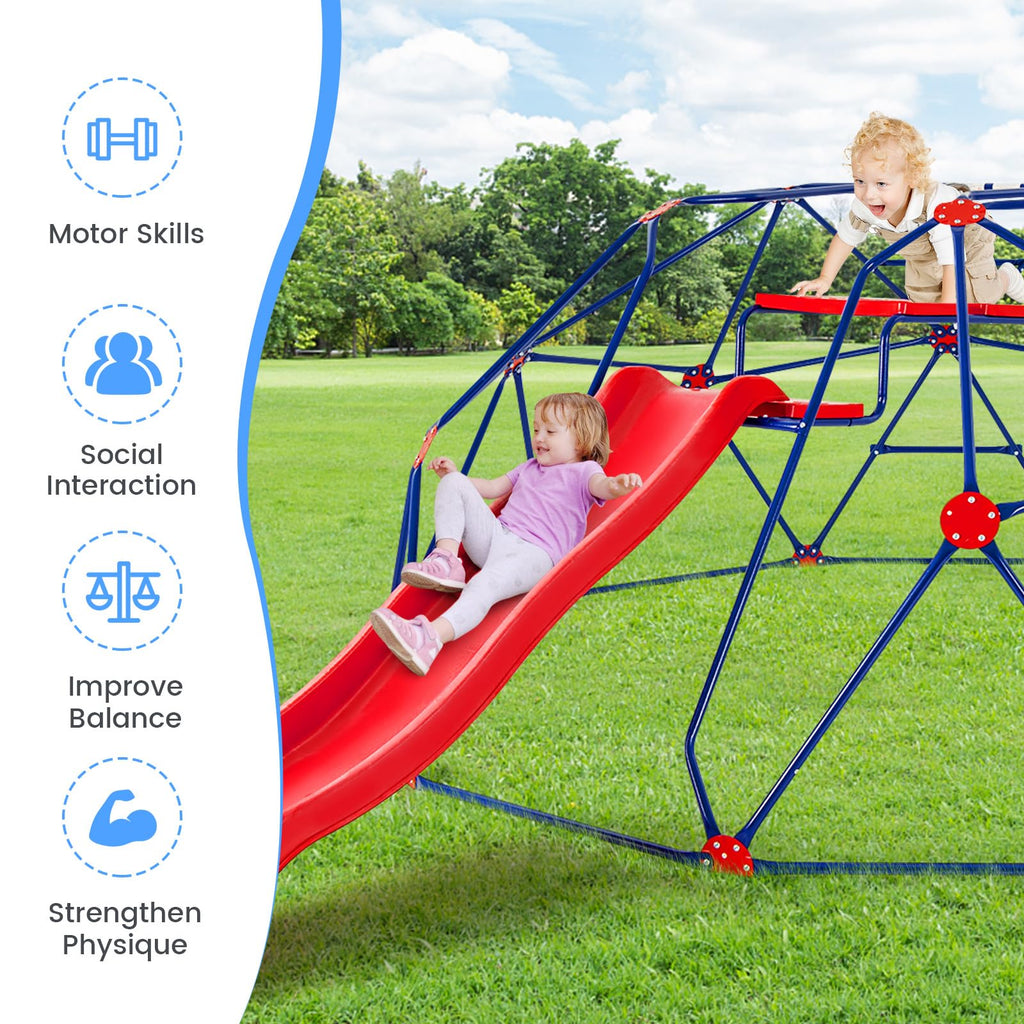 Climbing Dome with Slide, Kids Outdoor Jungle Gym Geometric Dome Climber, Steel Frame, 13.3FT Climb Structure