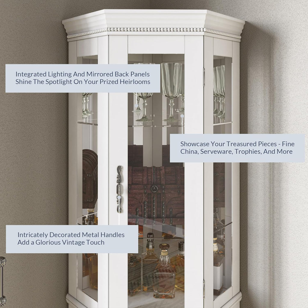Lighted 3-Side Glass Display Curio Cabinet w/Tempered Glass Doors & Shelves, Accent Wooden Corner Cabinet with Bulb