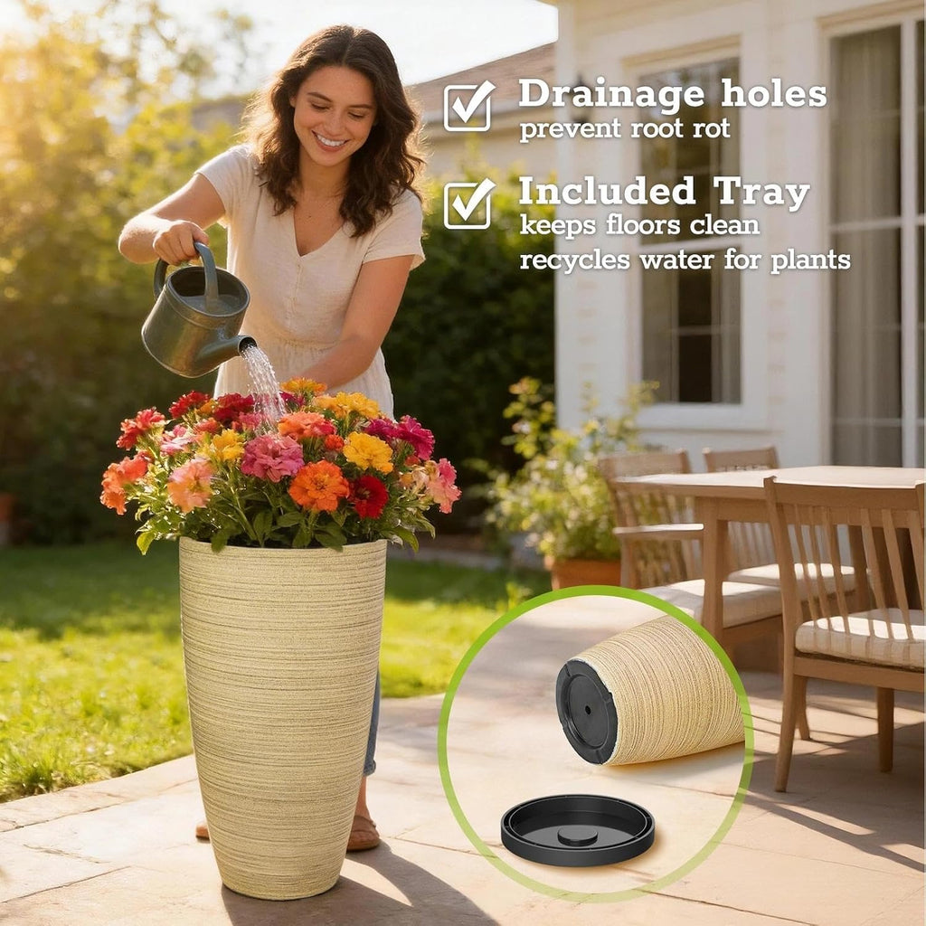 2-Pack Large Tall Planters with Saucer - 6.8 Gallons /12x21 Inch Faux Stone Finish Round Flower Pots for Indoor