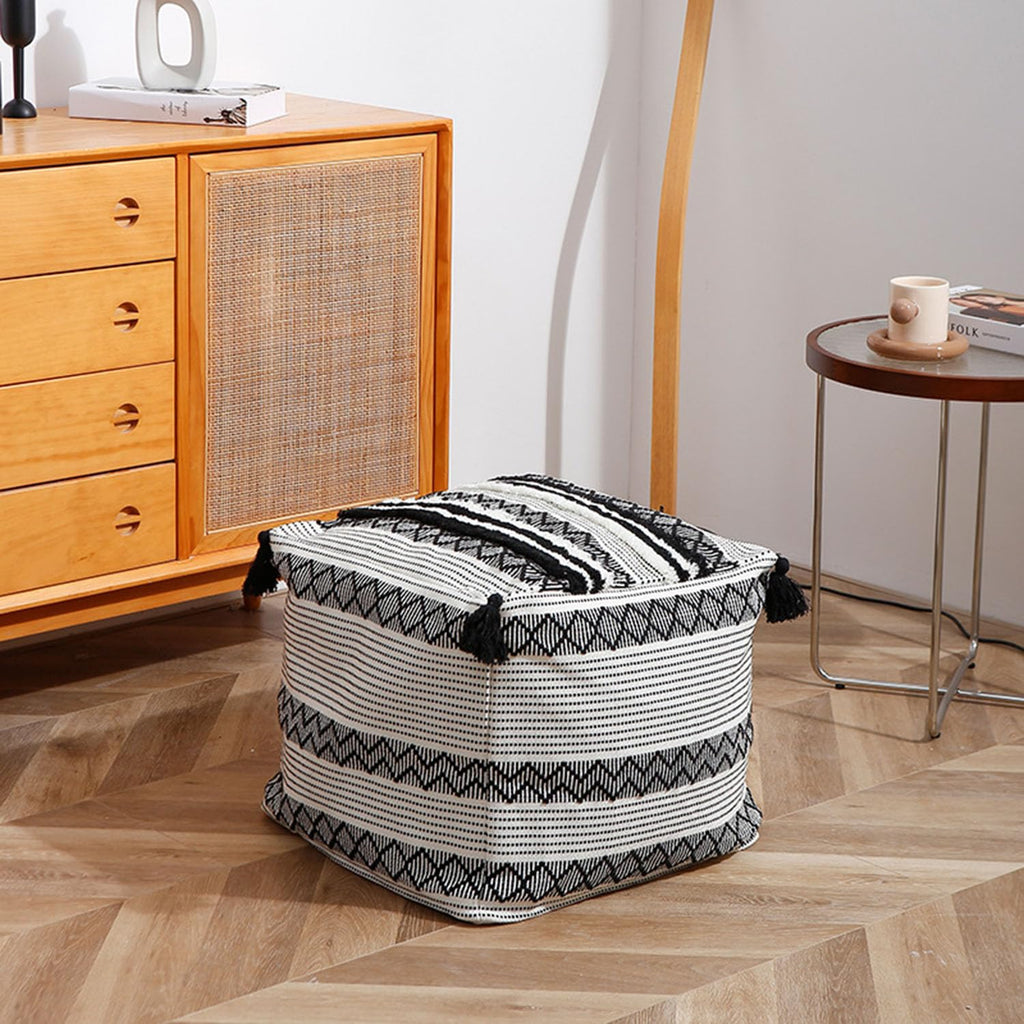 Unstuffed Tufted Ottoman Tassel Square Pouf, Yellow, 18x18x16 inches
