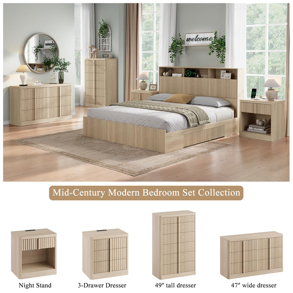 47" Wide Fluted 6 Drawer Dresser, Natural Oak