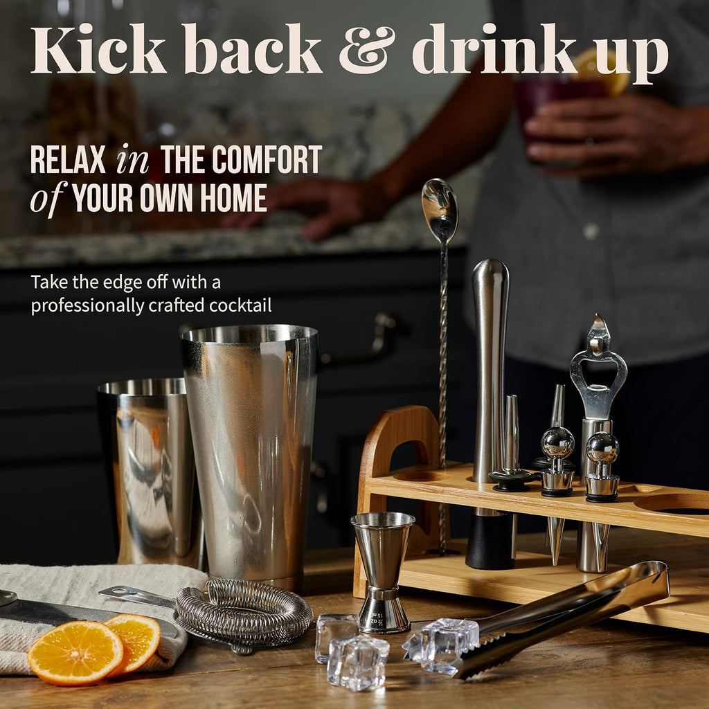 Bartender Kit - Set Including Stainless Steel Cocktail Making with Bar Stand & Boston Shaker - Set of 13