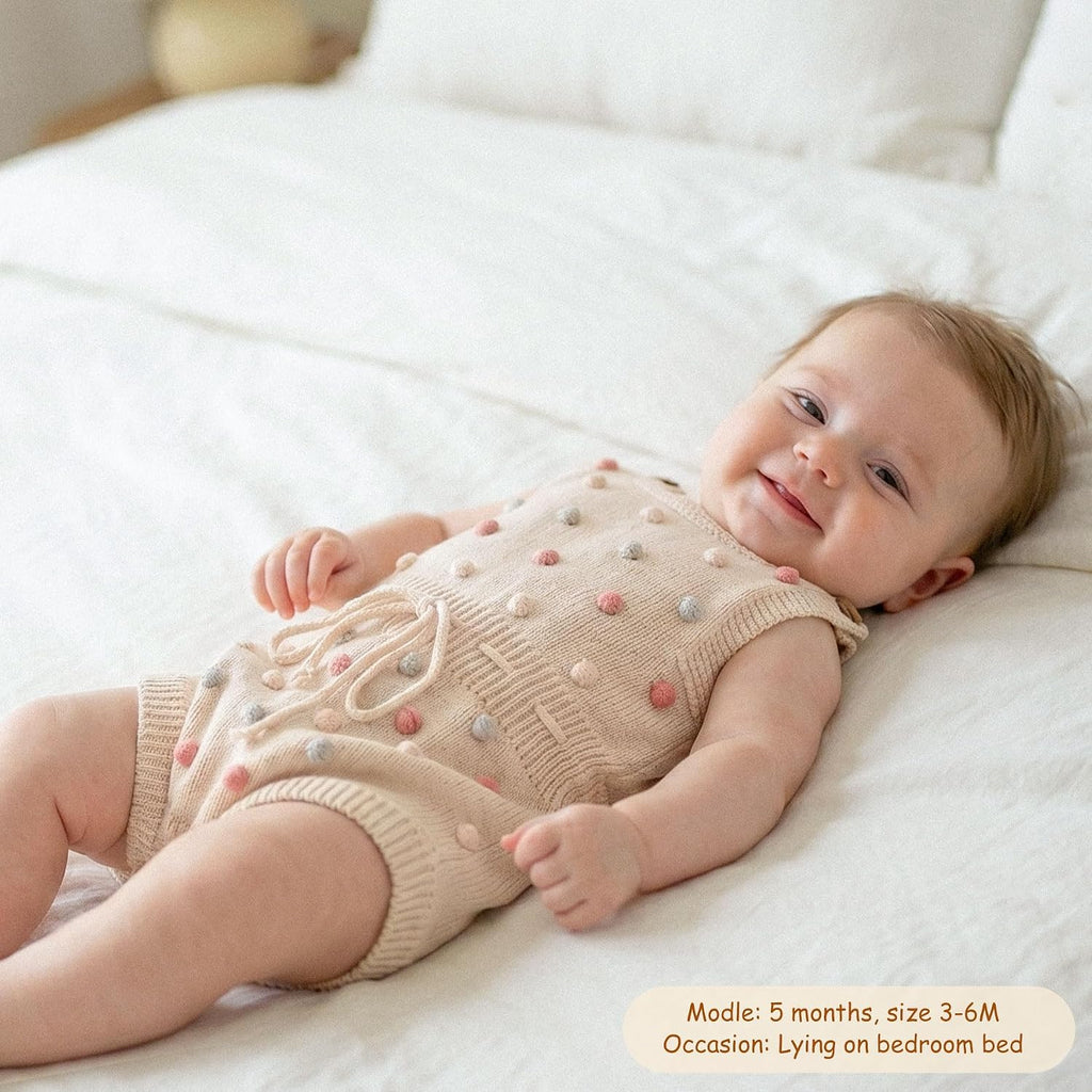 Baby Girl Romper, Sleeveless Pompoms Square Neck