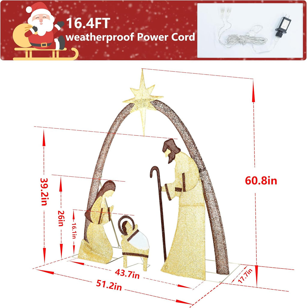 5FT Lighted Nativity Scene Set with 170 LED Lights for Christmas Decoration, Pre-Lit Iridescent Nativity Scene Xmas