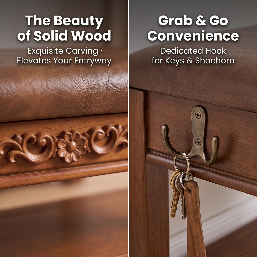 Solid Wood Shoe Rack Bench Entryway Storage with Leather Cushion, 31.5"