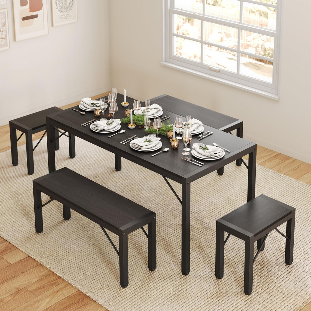 63" Dining Table Set for 6, Kitchen Table w/Bench & Stools Black