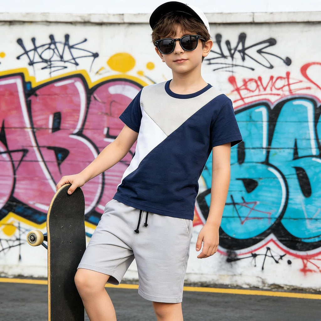 Boy Clothes Colorblock Top + Drawstring Waist Shorts 2 Pieces Kid Summer Outfits Set