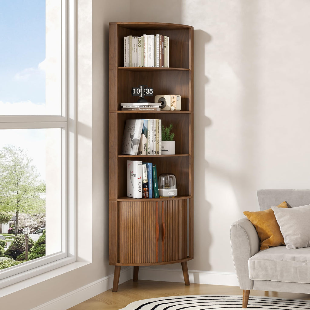 66'' Tall Corner Bookshelf with 2 Fluted Sliding Doors, Walnut