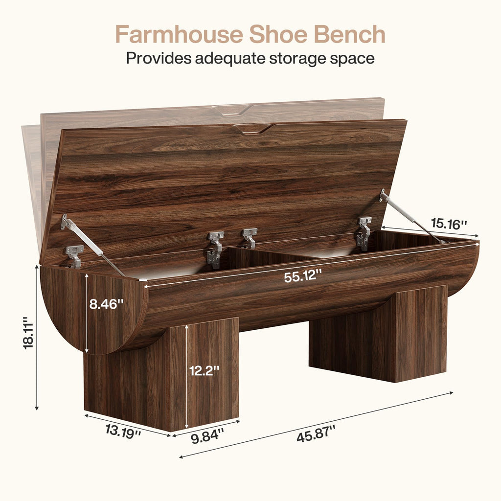 55" Storage Bench with 2 Safety Hinges, Farmhouse Shoe Bench with Flip-Top Storage, Supports 350 lb and Easy Assembly