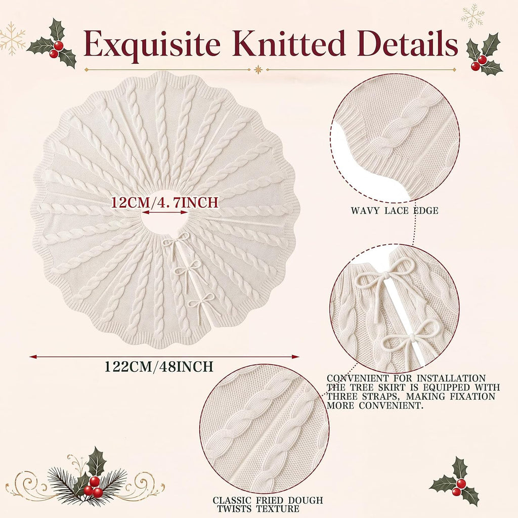 48 Inch Chunky Cable Knit Christmas Tree Skirt Beige