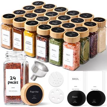 Glass Spice Jars with with Labels 4 oz 24 Pack Bamboo Lids Bulk Set