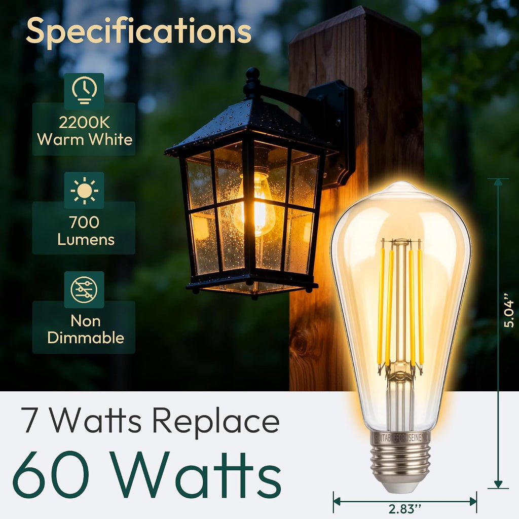 Amber ST19 Dusk to Dawn LED Outdoor Light Bulb, 700LM Sunlight Sensor Light Bulbs, 7W (60W Equivalent), 2200K Warm