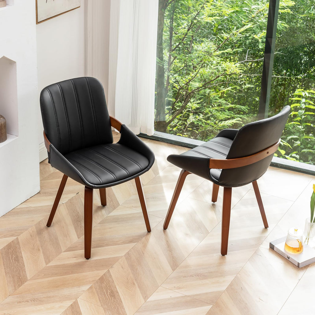 Mid Century Modern Faux Leather Upholstered Dining Chairs, Armless Accent Chairs with Sturdy Natural Wood Legs, Bamboo