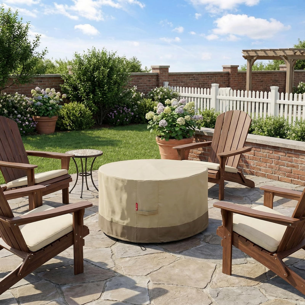 Fire Pit Cover Round 50" D x 24" H, Waterproof 600D Material, Beige
