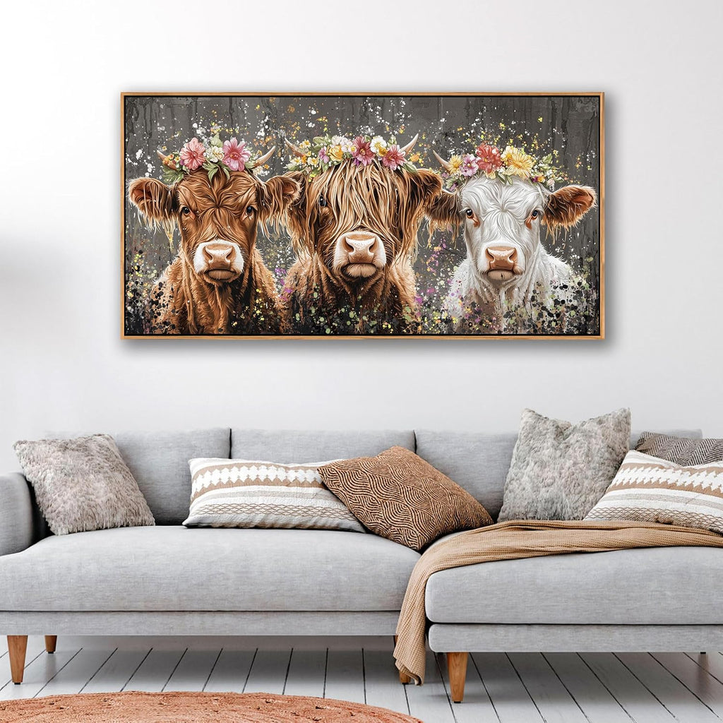 Highland Cow Wall Art - Rustic Farmhouse Wall Art for Country Wall Decor, Vintage Artwork for Walls, Framed Pictures