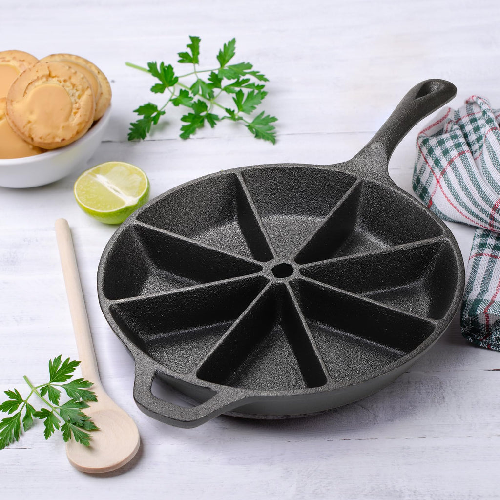 Cast Iron Wedge Pan, Round Corn Bread Skillet, 8-edges Biscuit Pan Mini Cake Pan with Long Handle for Scones, Corn