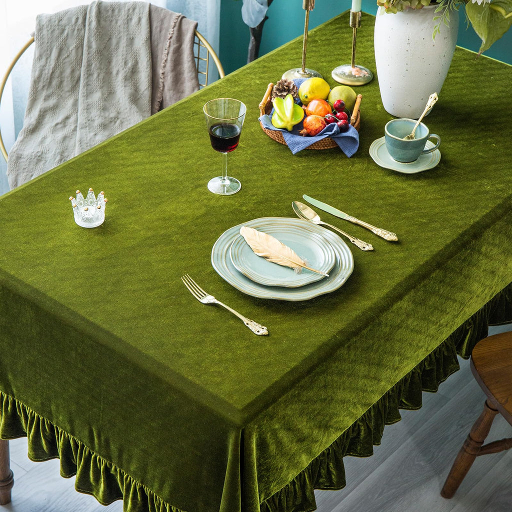 Velvet Tablecloth Luxurious Solid Rectangle Table Cloth, Oblong Retro Farmhouse Ruffle Tablecloths Washable Table