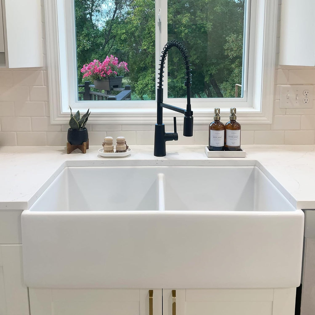 Austen 36 in White Fireclay Farmhouse Sink, Double Bowl | Apron front undermount, SureFire chip-resistant glaze