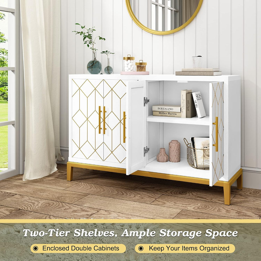 Accent Cabinet with 4 Doors&Shelves, Sideboard Buffet Cabinet with Gold Trim, Modern White Storage