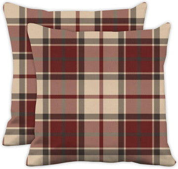 Burgundy Beige Tartan Plaid Winter Throw Pillow Covers 18X18 Cute Pillow Cases Pillowcase Couch Cushions - Set of 2