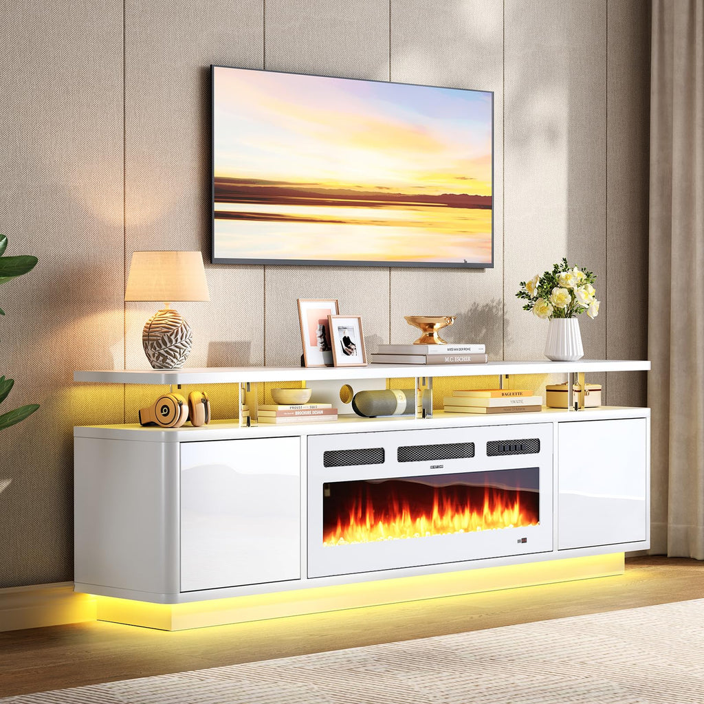 70", 36" Electric Fireplace with Adjustable Flames & Double LED Lights, Remote Control, Storage Cabinet with High